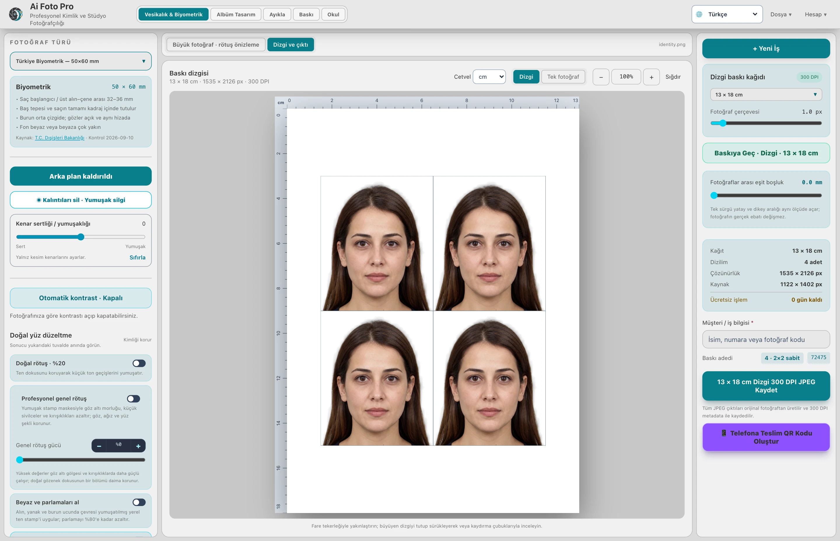 A string of four 13 × 18 centimeter photographs with background removed in the Ai Foto Pro Passport and Biometric module