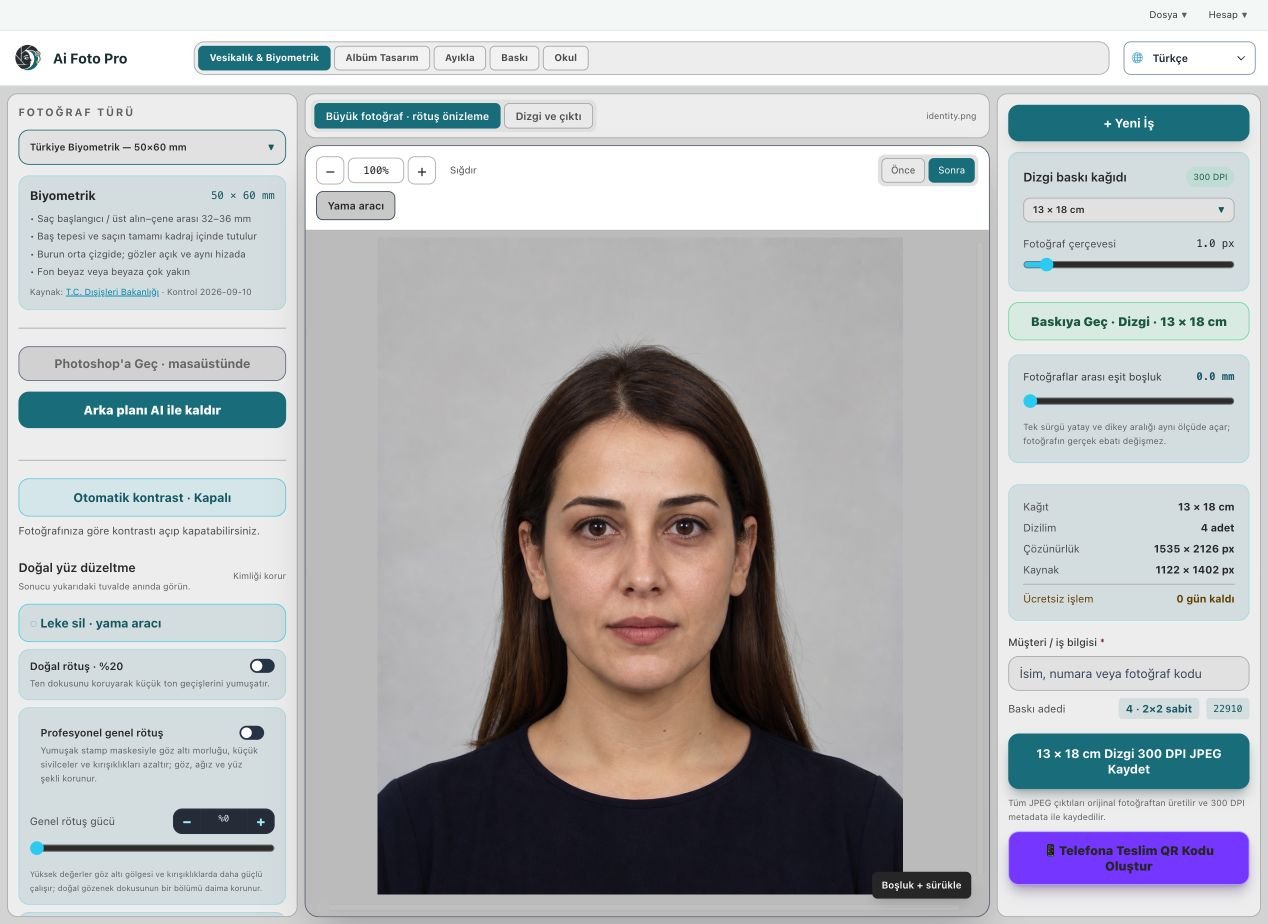 Real Ai Foto Pro Portrait retouching workspace with fictional example people